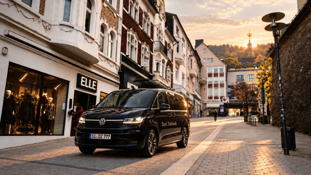 Schwarzer VW T7 Komfort-Shuttle von Taxi Tokmak in der Siegener Innenstadt